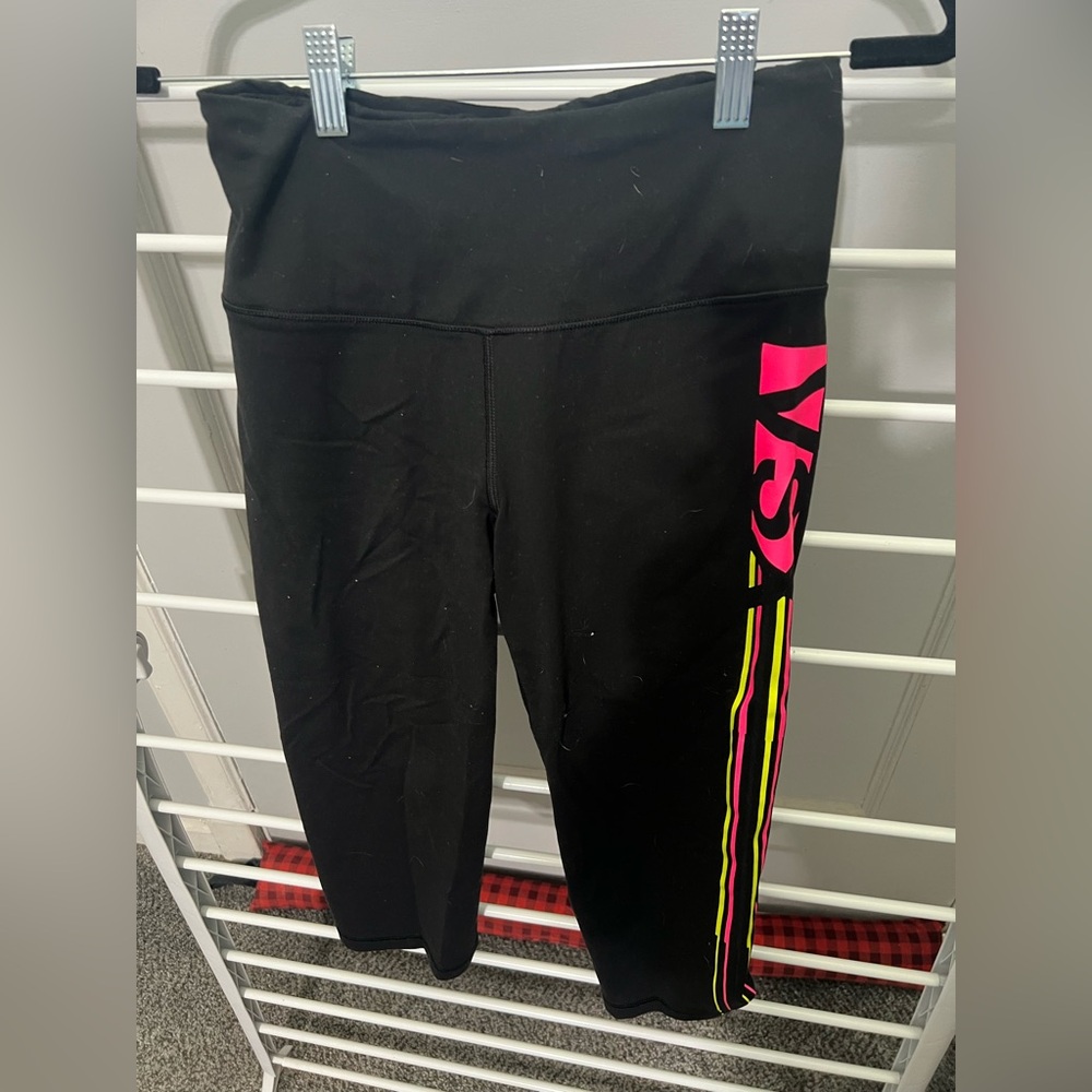 Victoria Secret Cropped Black Leggings with Pink and Green Stripes